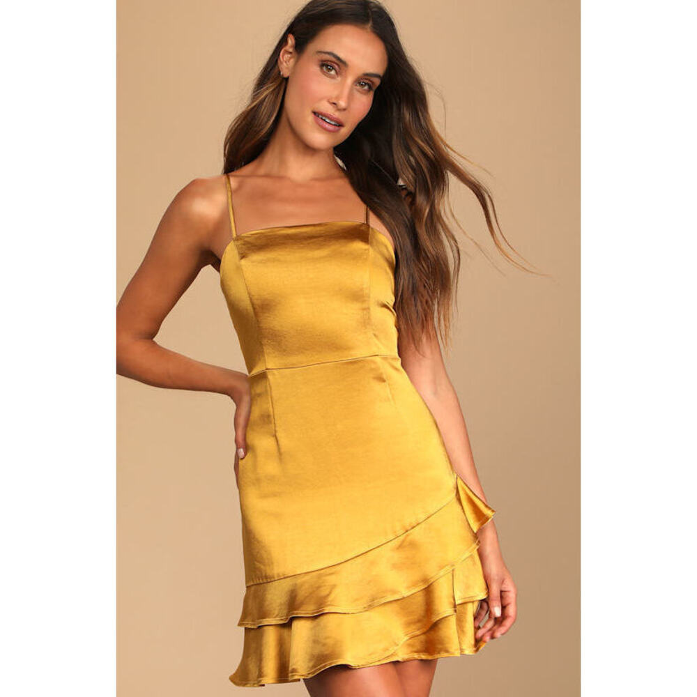 Lulus Dreams Come True Mustard Yellow Satin Ruffled Mini Dress - Size L